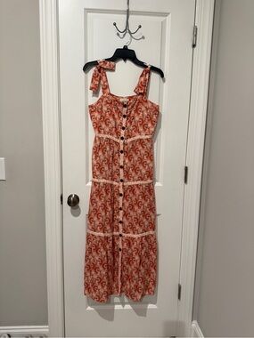 Spartina 449 Orange Printed Tie-Shoulder Button-Front Maxi Dress